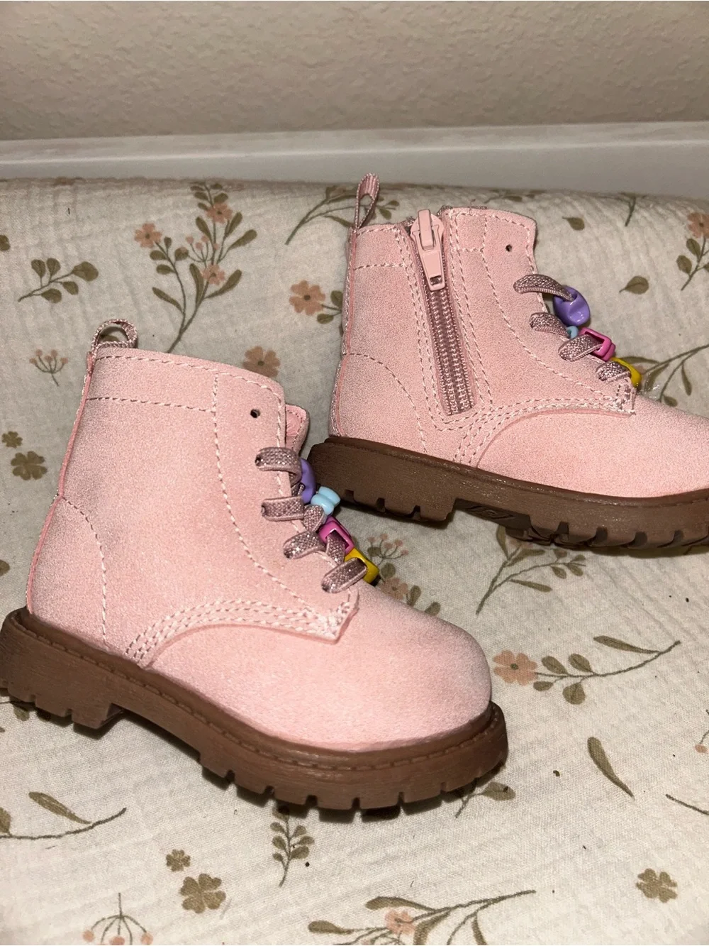 Carter's Pink Kids Lace-Up Ankle Boots with Smiley and Bow Charms